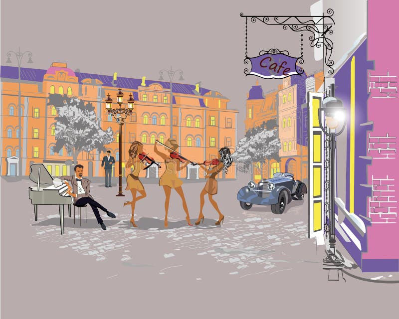 Serie di retro viste variopinte della via con la gente di modo nella vecchia città royalty illustrazione gratis