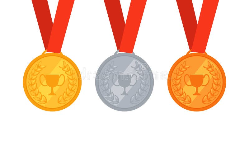 Serie di tre medaglie d'oro d'argento e di bronzo. premio per il primo secondo e il terzo posto. assegnazione dei vincitori a illustrazione di stock