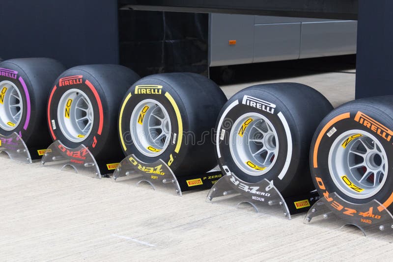 Series of Pirelli F1 tires from super soft to hard. Taken at Silverstone race track. Formula 1. Series of Pirelli F1 tires from super soft to hard. Taken at Silverstone race track. Formula 1