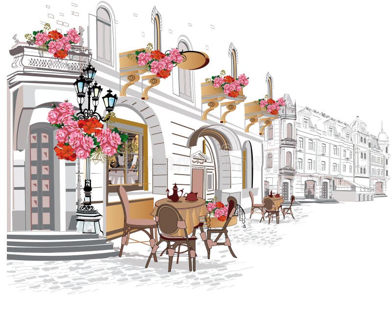 Series of backgrounds decorated with flowers, old town views and street cafes.