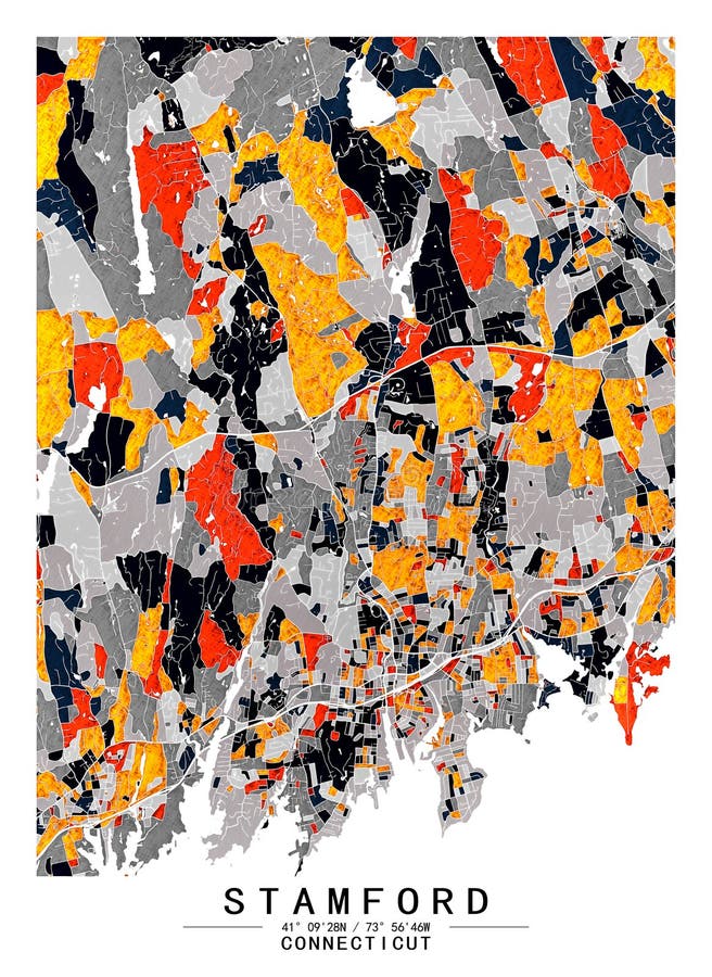 Color art map of Stamford, Connecticut, UnitedStates in blues and oranges.  The color gradations in Stamford map follow a random pattern Stock Vector  Image & Art - Alamy