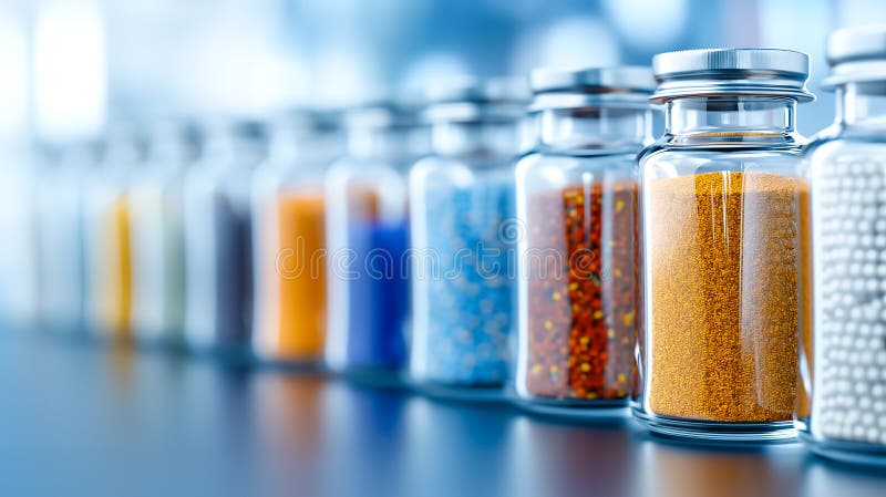 A series of clear jars filled with a variety of spices and seasonings are organized on a kitchen counter, reflecting stock photos