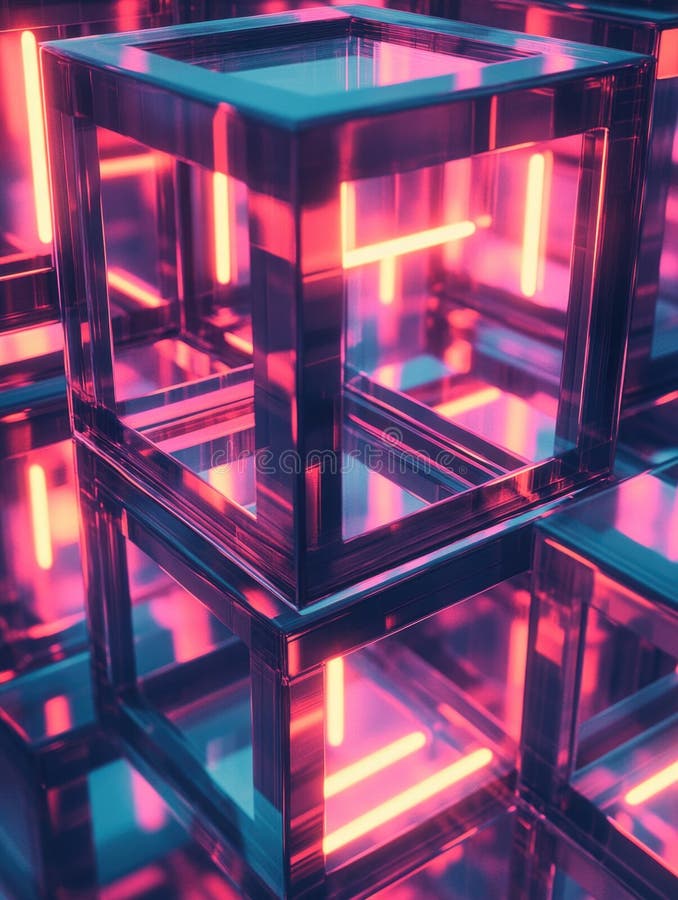 A series of cubes with neon lights inside them royalty free stock photography