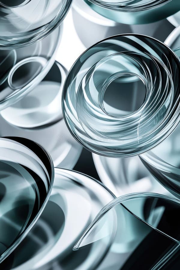 Series of glass spheres are arranged in a pattern, creating a sense of depth stock photo