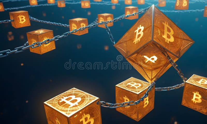 Glowing Bitcoin Blocks on Chain AI Generative stock image