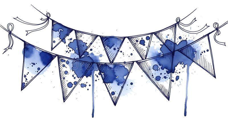 A series of hand-drawn triangular pennant flags connect with strings in a stock illustration