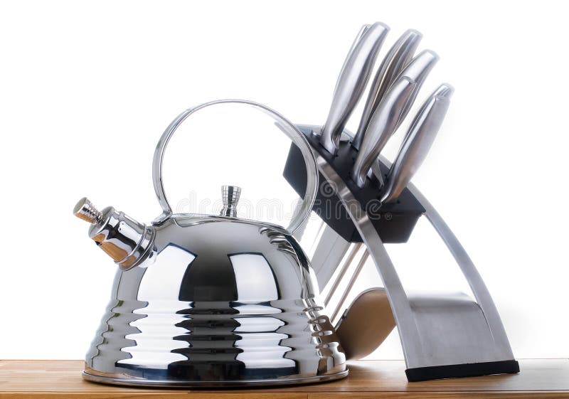 Series of images of kitchen ware. Teapot and knife