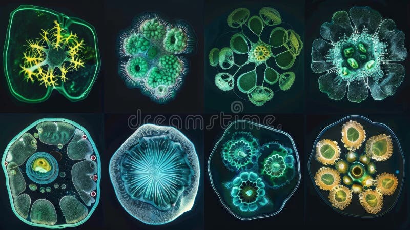 O serie de imagini microscopice care arată structura celulară a diferitelor tipuri de alge. celulele variază ca formă și stock image