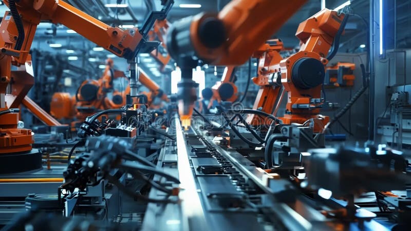 Innovative engineering, robotic arms working on assembly line royalty free illustration