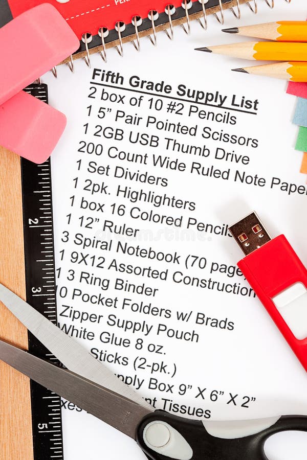 School Supplies 5th Grade Supply List Stock Photo Image of objects