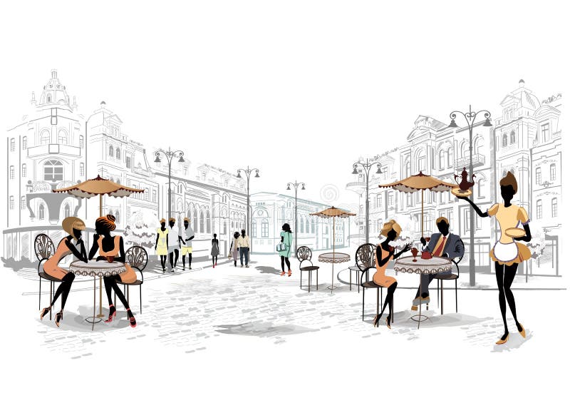 Series of street cafes in the city with people drinking coffee