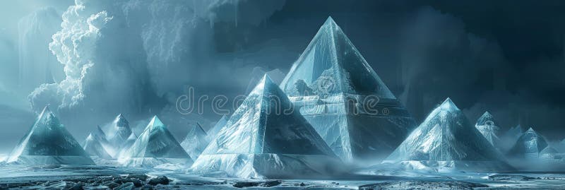 A series of triangular ice formations stacking on top of each other to create a fantastical frozen pyramid. AI generated