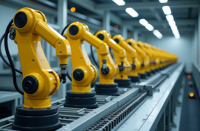 Robotic arms in an automated manufacturing facility assembly line royalty free stock photos