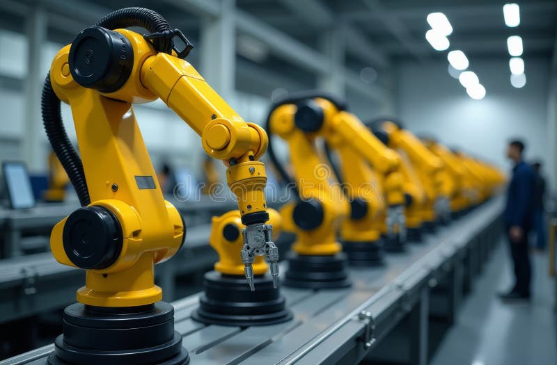 Robots assembling components in a modern industrial facility stock images