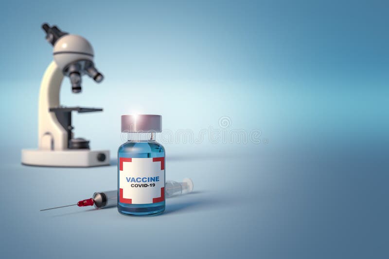 Seringă pentru flacon anti-covid19 și microscop izolat pe fond albastru, cu spațiu pentru text și imagini stock illustration