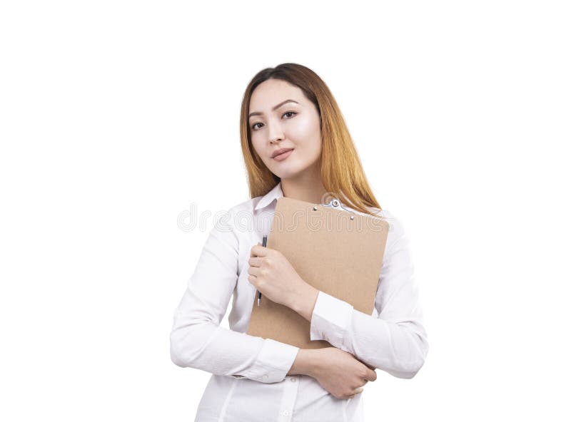 Serious Asian woman with clipboard and pen stock images Serious Asian woman with clipboard and pen stock images