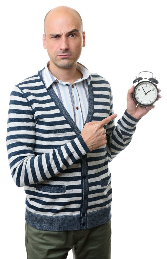 Serious Bald Guy With An Alarm Clock Stock Image Image of face