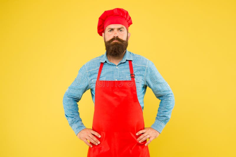 Serious Bearded Chef Brutal Male Cook In Hat And Apron Professional Man Cooking Stock Image 