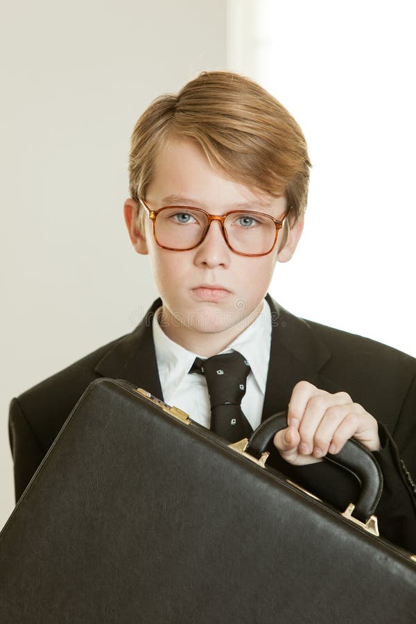 Serious Boy in Business Suit and Brief Case Stock Image Image of