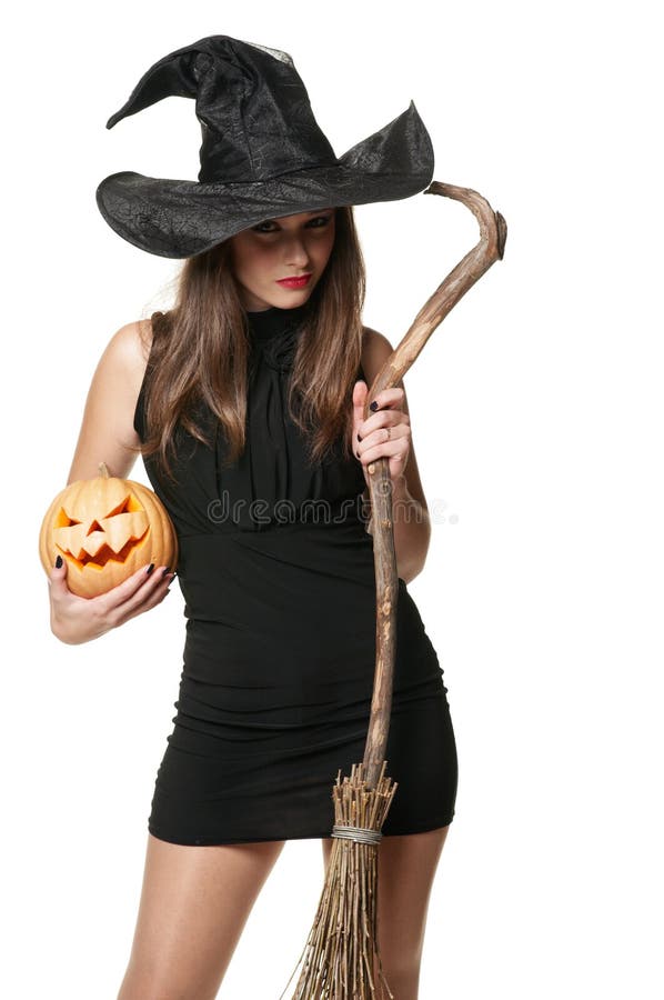 The Serious Brunette Witch with a Broom Stock Photo - Image of happy ...