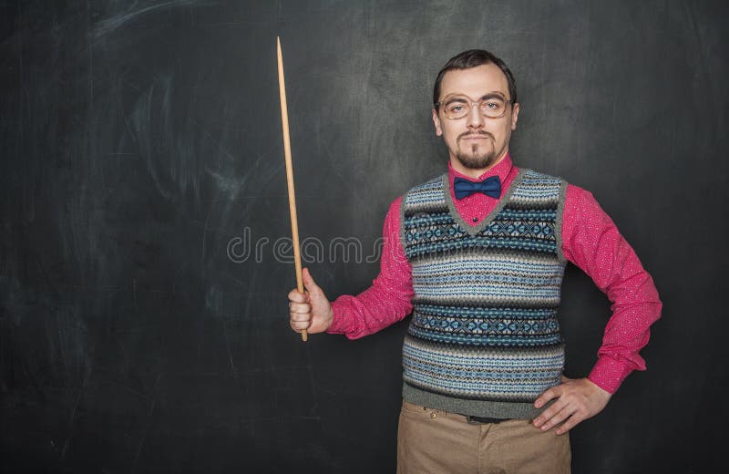 Serious Business Man or Teacher Retro Style with Pointer on Blackboard ...