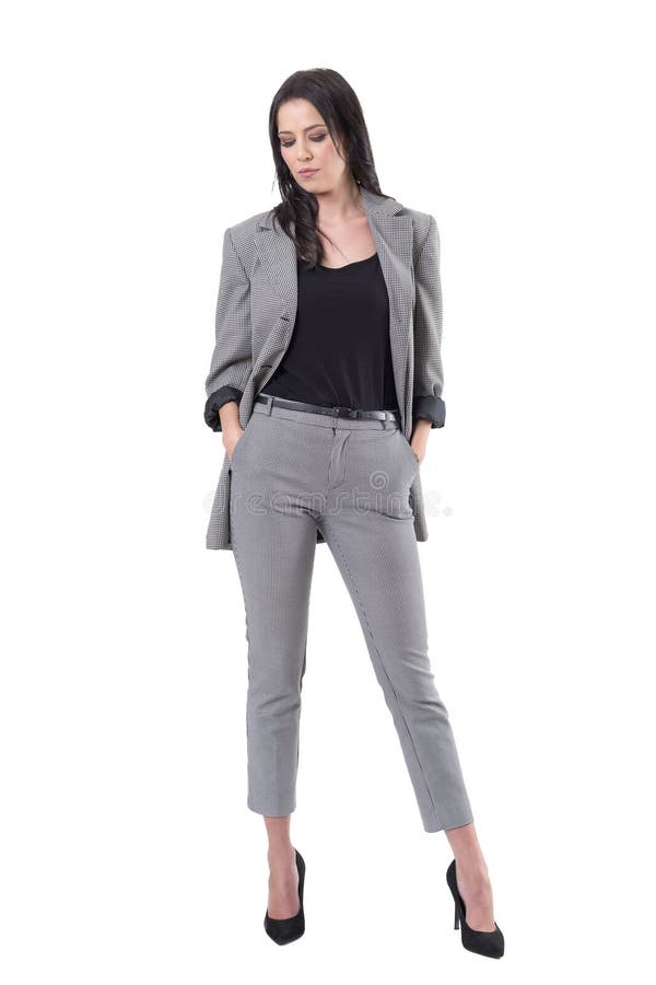 Serious Fashion Woman in Business Suit Clothes Looking Down with Hands ...