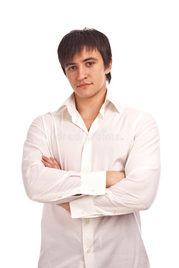 The serious guy in a white shirt isolated