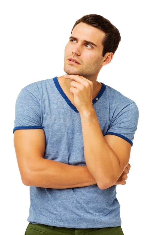 Young Man with Hand on Chin Looking Up Stock Image - Image of thinking ...