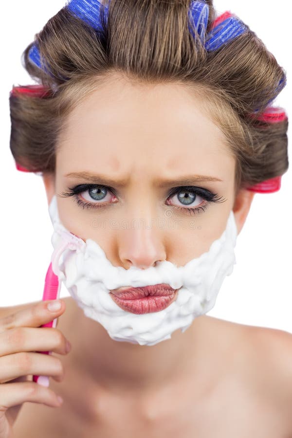 Serious Model in Hair Curlers Posing with Shaving Foam and Razor Stock Photo Image of eyeliner