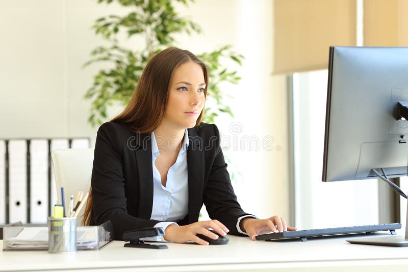 Serious Office Worker Works Using Computer Stock Photo - Image of busy,  interior: 139711478