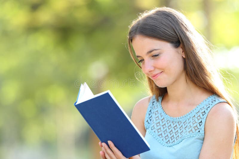 Woman reading blank book stock image. Image of book, happy