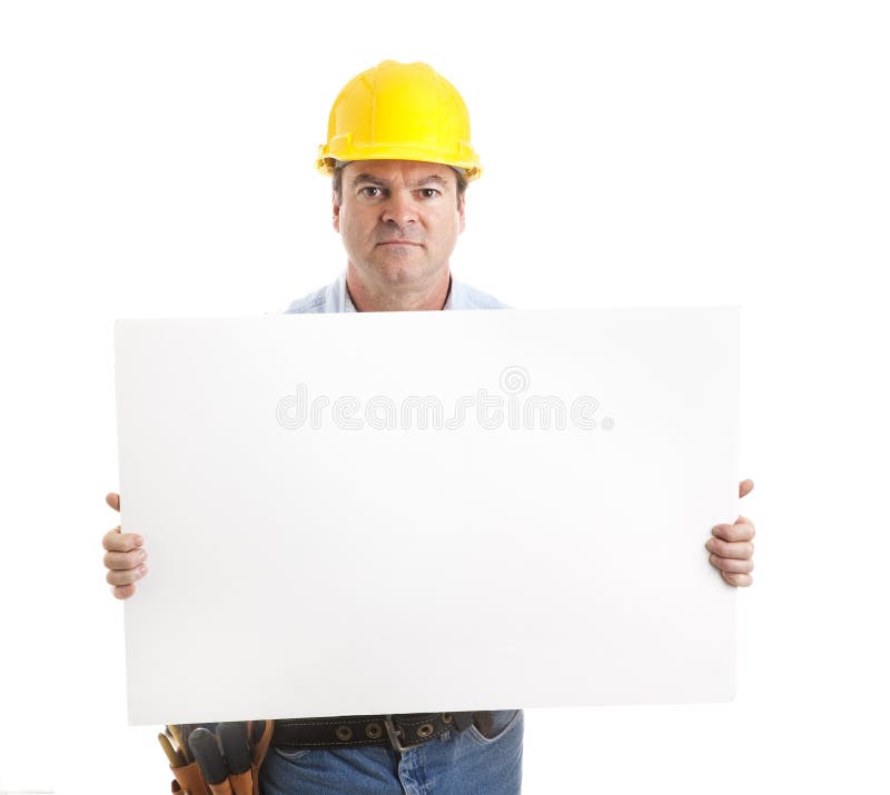 Serious Worker Carries Sign