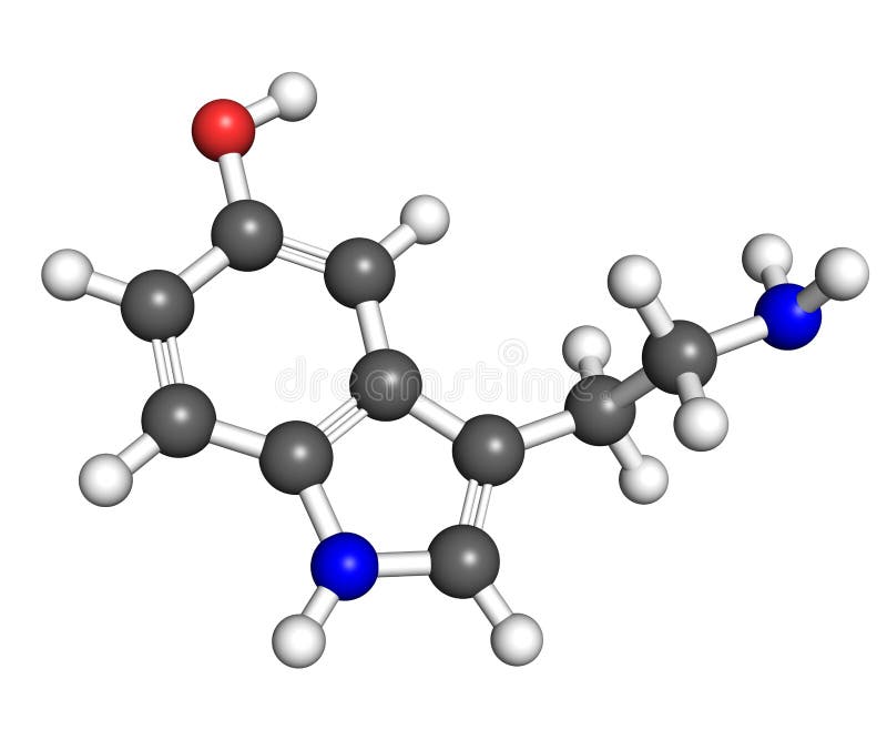 Ball and stick model of serotonin, hormone that contributes to feeling of happines. Atoms are coloured according to convention (nitrogen-blue; carbon-gray; oxygen-red; hydrogen-white). Oxygen molecule blue illustrations