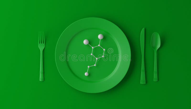 Serotonina sulla piastrina verde con il cucchiaio, il coltello e la forchetta su fondo verde illustrazione 3D illustrazione vettoriale Serotonina sulla piastrina verde con il cucchiaio, il coltello e la forchetta su fondo verde illustrazione 3D illustrazione vettoriale