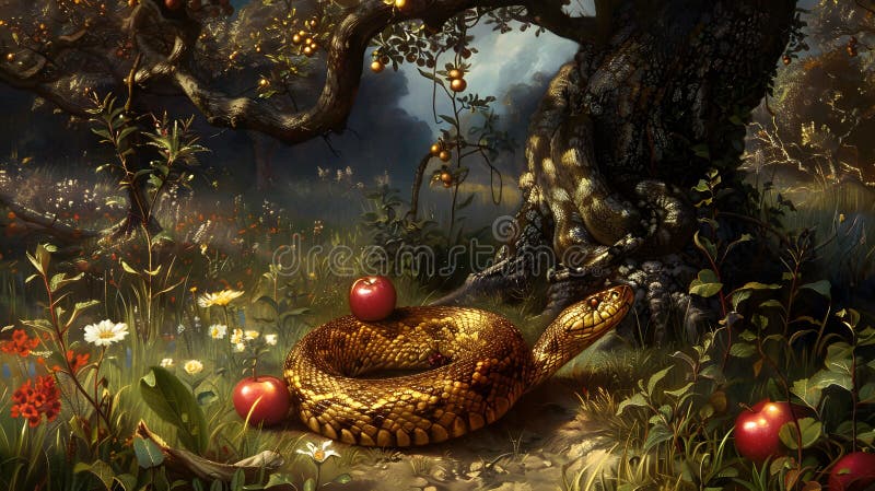 Snake Coiled on Apple Below Tree in Meadow royalty free illustration