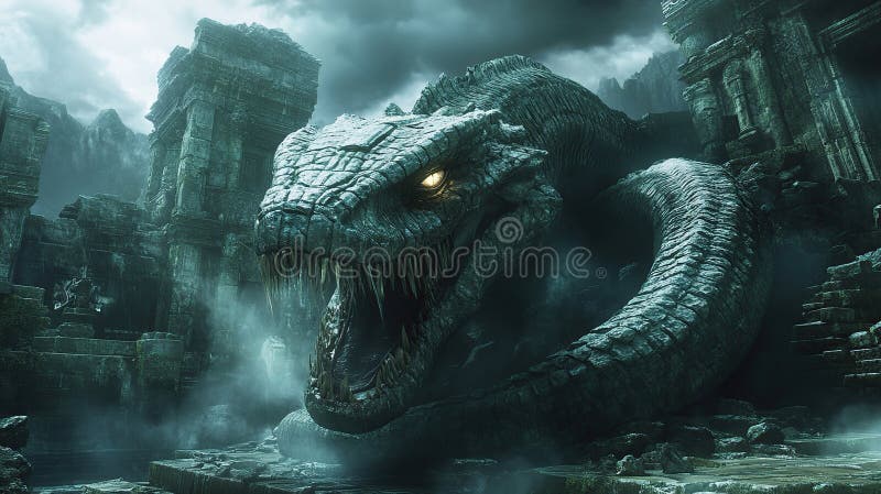 Serpent de pierre géant gardant ruines antiques atmosphère menaçante illustration stock