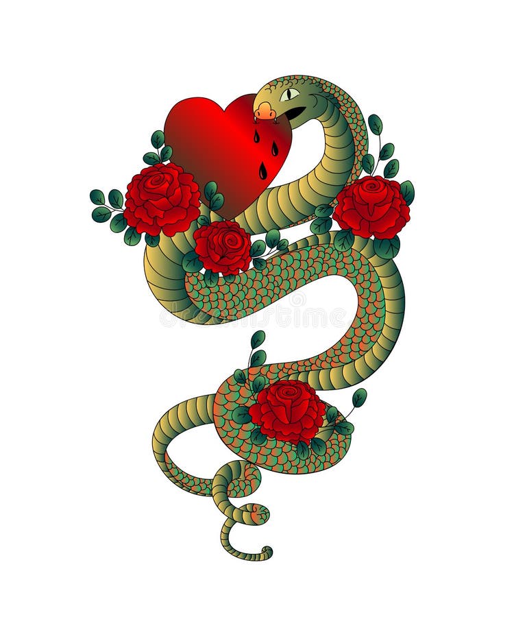 Serpente con il cuore dei morsi delle rose Progettazione del tatuaggio della vecchia scuola illustrazione di stock Serpente con il cuore dei morsi delle rose Progettazione del tatuaggio della vecchia scuola illustrazione di stock