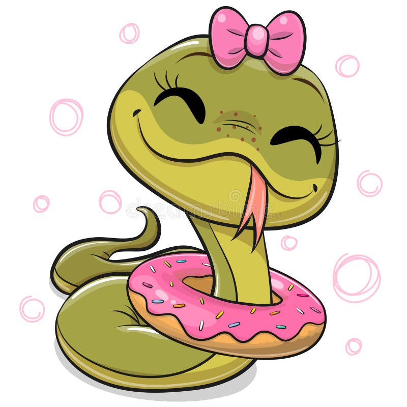 Desenho de uma cobra com um donut cor-de-rosa e laço ilustração do vetor