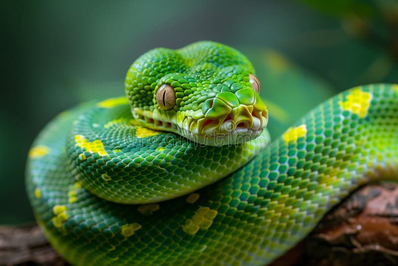 Pitone verde arboricolo su ramo, primo piano del serpente Chondropython viridis