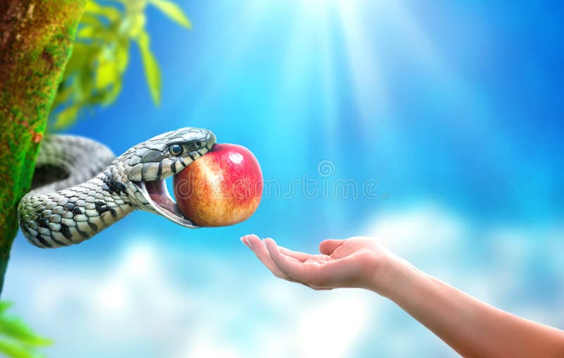 Serpente in paradiso che dà un frutto di mela a una donna
