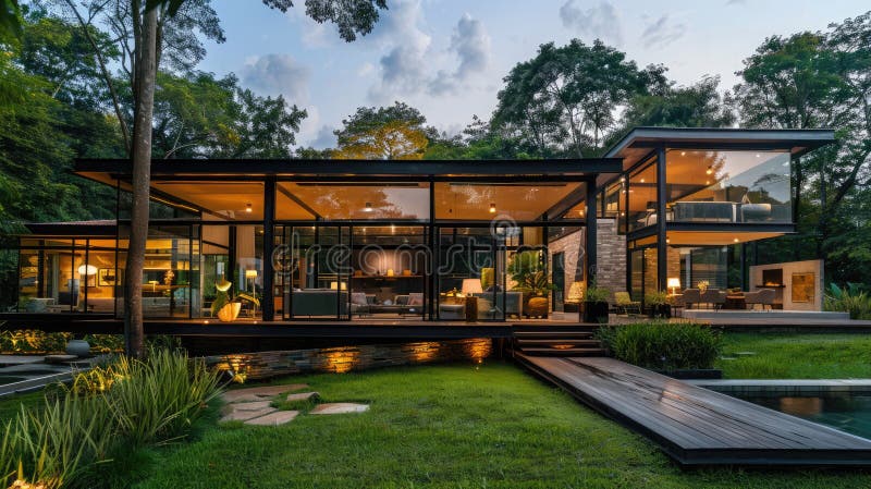 Contemporary glass house nestled in nature, indoor outdoor blend for private retreat. Private retreats. AI generated. Contemporary glass house nestled in nature, indoor outdoor blend for private retreat. Private retreats. AI generated