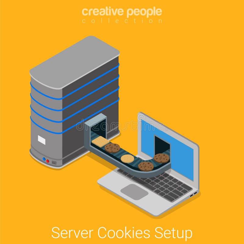 Server cookies laptop browser internet flat 3d isometric vector vector illustration