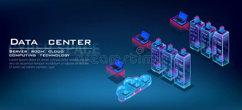 Server data processing in isometric projection. Cloud computing. Server room for storing and processing information through web ho vector illustration