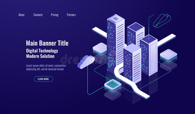 Server de stocare în cloud cu server mare izometric al orașului urban mare cu server izometric al bazei de date a centrului de dat royalty free illustration