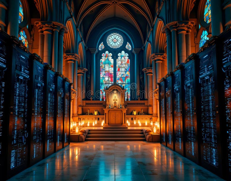 Server farm inside a cathedral, featuring data altars with server reliquaries and stained glass displaying code stock illustration