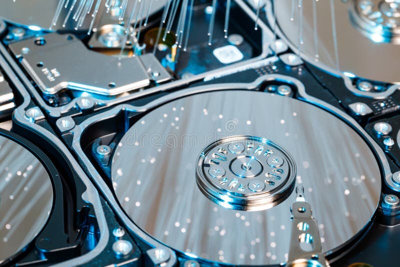 Server hard disks, illuminated optical fiber with blurred lights royalty free stock image