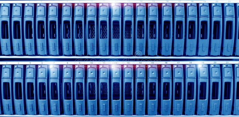 Server hard drives SATA in the data center server room. Disk storage array stock photo