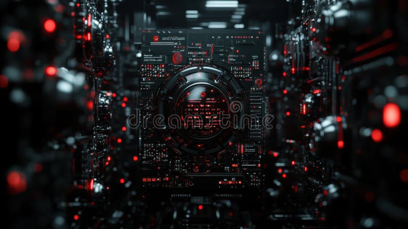 Server high tech con un nucleo centrale di ciberneti rosso che simboleggia la sicurezza informatica avanzata. royalty illustrazione gratis