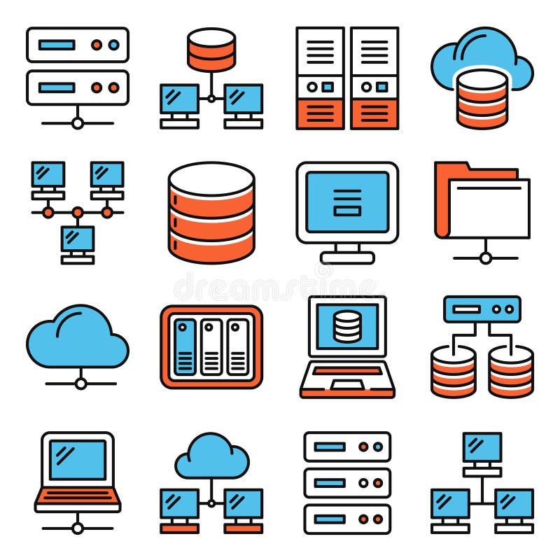 Server, Internet and Network Icons Set on White Background. Vector stock illustration