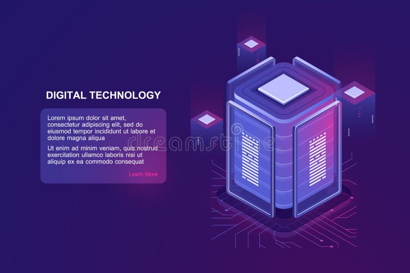 Server izometric cu tehnologie în lanț și depozit de date și concept ultraviolet pentru soluții de cloud computing stock illustration